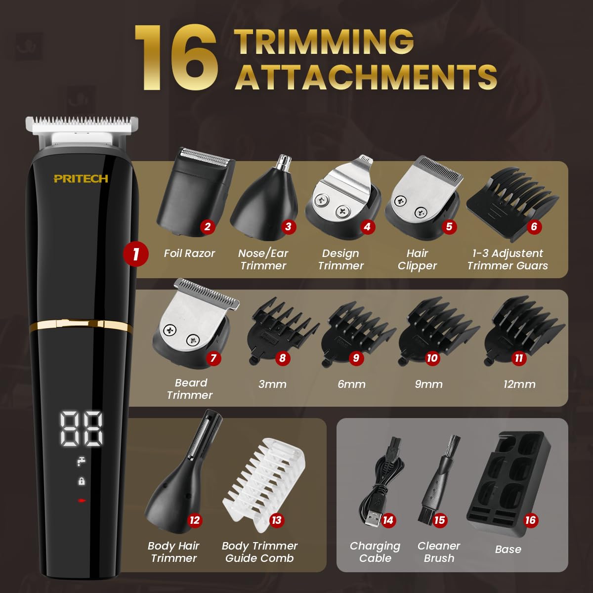 PRITECH Beard Trimmer for Men, 6 in 1 Hair Trimmer Kit, Electric Beard Trimmer with Hair, Precision, Body, Nose, Foil Razor, Grooming Kit Waterproof IPX6 (White)