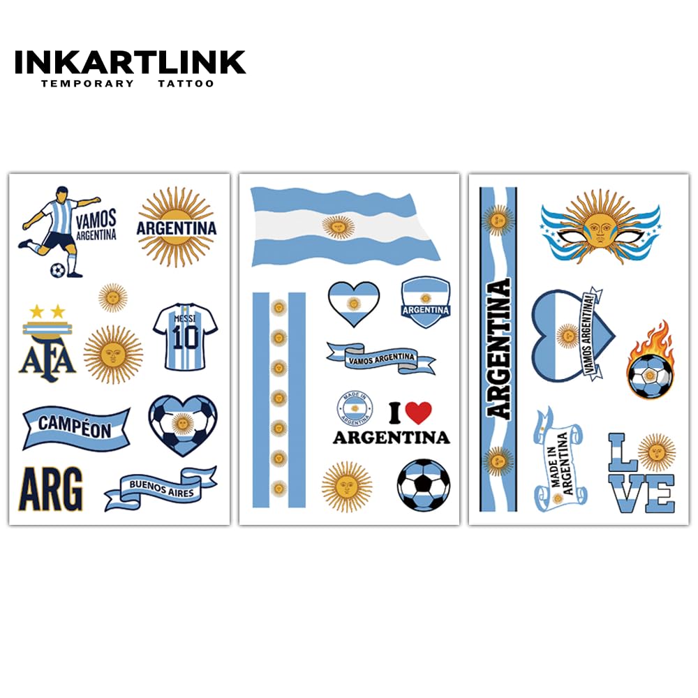 INKARTLINK 3 Pcs World Cup 2026 Temporary Tattoos, Argentina Flag Face Tattoo Transfer Stickers, Waterproof Game Day Football Soccer Fan Makeup, Sports Party Decorations