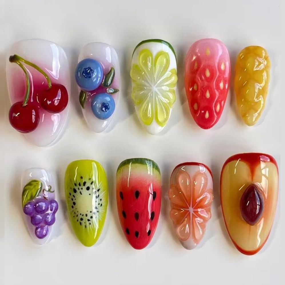 Press On Almond Nails - Handmade 3D Design, Thick Acrylic Gel | Reusable DIY Artificial Nails for Women (10 Pieces)
