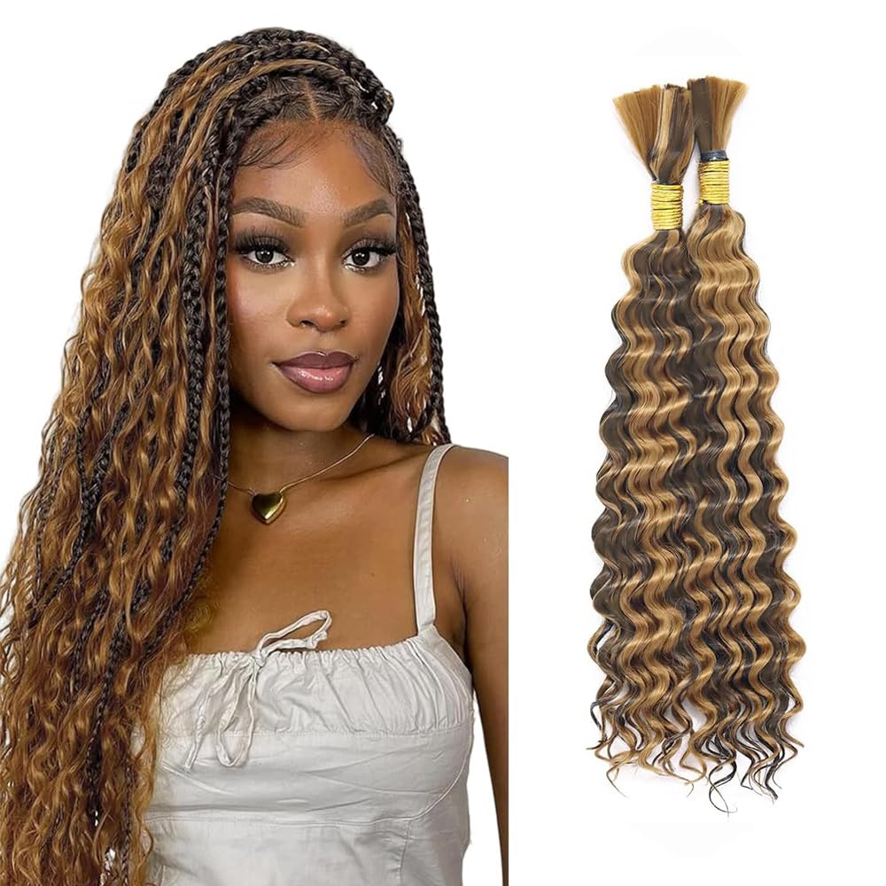 Human Braiding Hair 2 Bundles 100g 18 18 Inch Deep Wave P4/27 Bulk Human Hair Bundles Braiding Brazilian Virgin Curly Human Hair Extensions