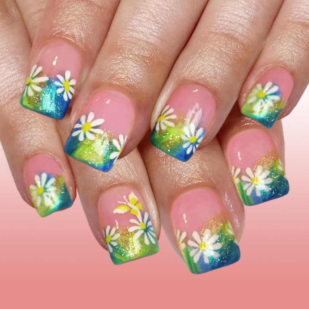 Colorful Gradient Press-On Nails | Medium Coffin Shaped Acrylic Nail Art - 24 Pcs with Rainbow Designs