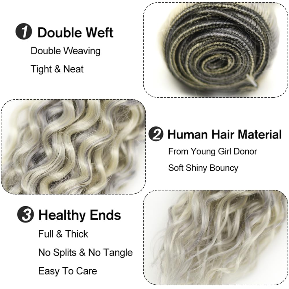 613 Human Hair Bundles Silver Kinky Curly Bundles Human Hair 8A Brazilian Virgin Remy Hair 3 Bundles 16 18 20 Inch Two Tone Grey Mixed With Blonde Bundles Hair Extensions Highlight Bundles