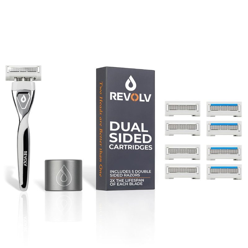 REVOLV - Men’s Razor Shaving Kit - 1 Premium Weighted Handle + 5 Dual-Sided Cartridges + 1 Stand - For a Closer, Smoother Shave - Safe on Sensitive Skin - 4 Razor Blade Refills - Grey
