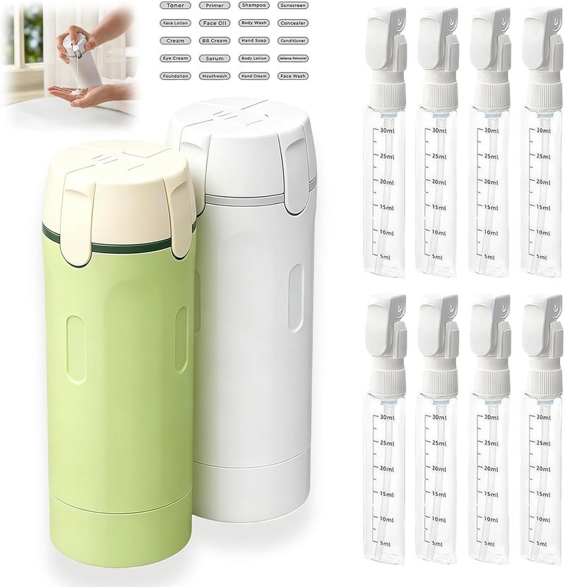Travel Dispenser Bottle Set - 4 in 1 Refillable Containers for Shampoo, Lotion & Conditioner | Portable Travel Size (2 Pack, White & Green)