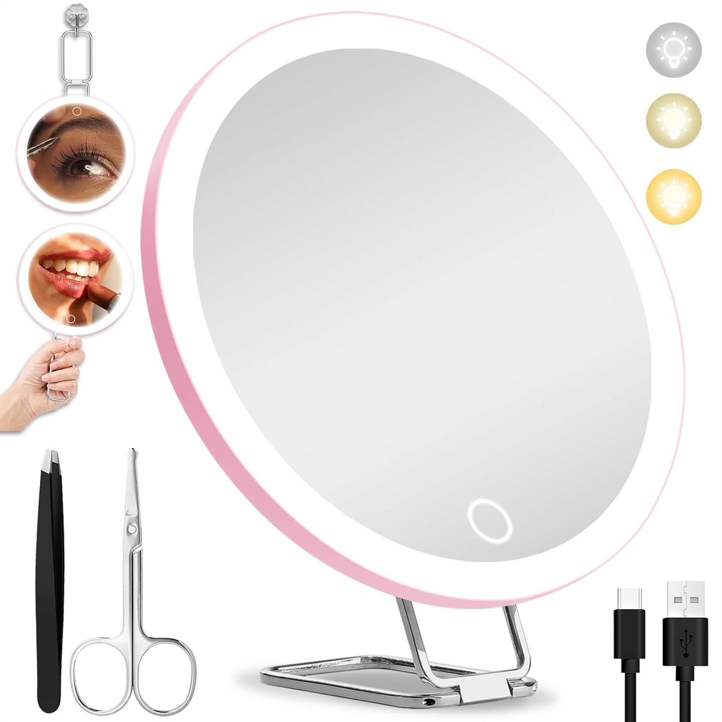 10X Magnifying Mirror with Lights - 6-Inch Lighted Travel Makeup Mirror | 3 Suction Cups & 360° Adjustable Bracket, Includes Tweezers & Scissors
