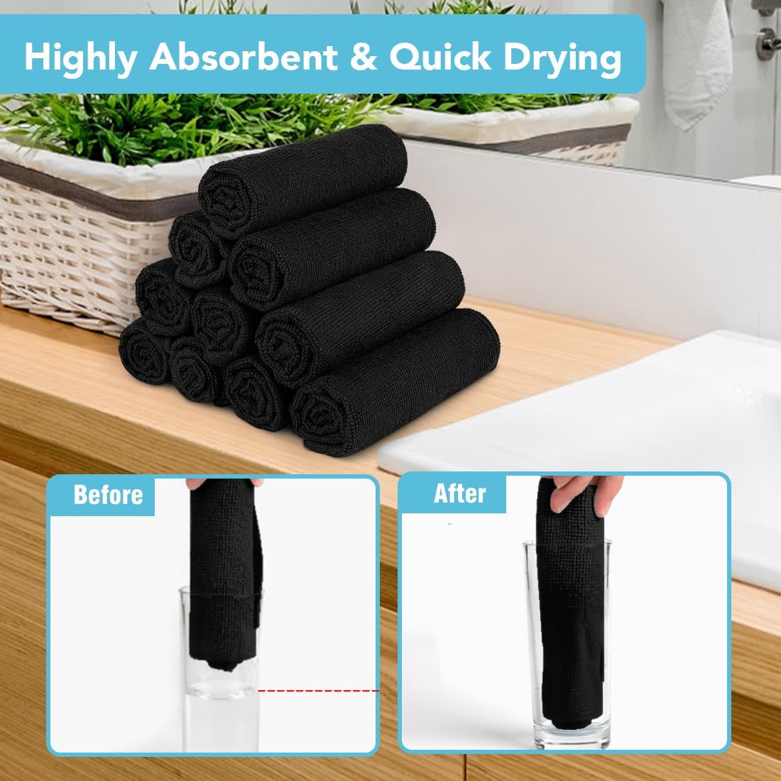 Microfiber Washcloths 20 Pack - Soft, Quick-Dry Face & Hand Towels for Travel, Gym, Spa | 11.5"x11.5", Black