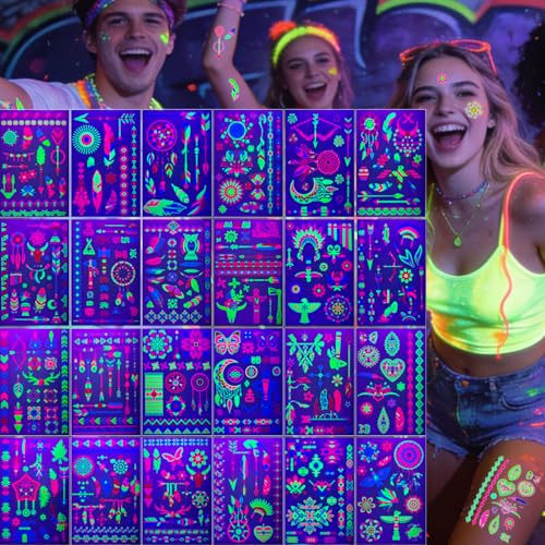 Tiebblove 360pcs Neon Temporary Tattoos Sticker 05-Tattoo Sticker UV Glow Waterproof