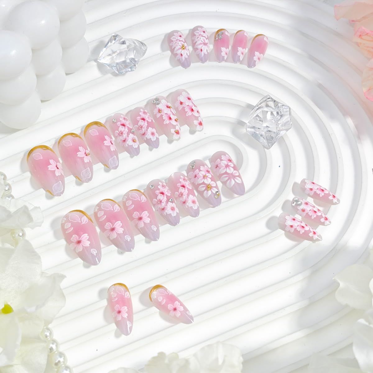 Pink Flower Press-On Nails - Medium Almond Floral Design with Rhinestones & Glitter | 24 Pcs Full Cover Acrylic Nails