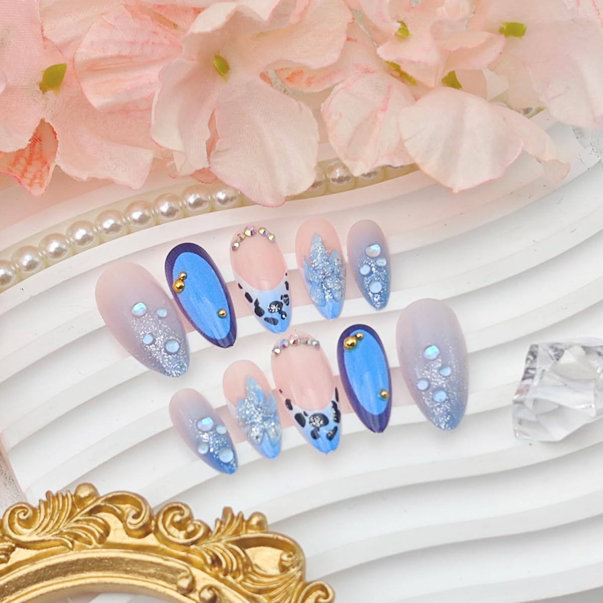 Leopard Print French Tip Press-On Nails - Medium Almond Shape with 3D Blue Flowers & Bling Rhinestones | Full Cover Acrylic Manicure