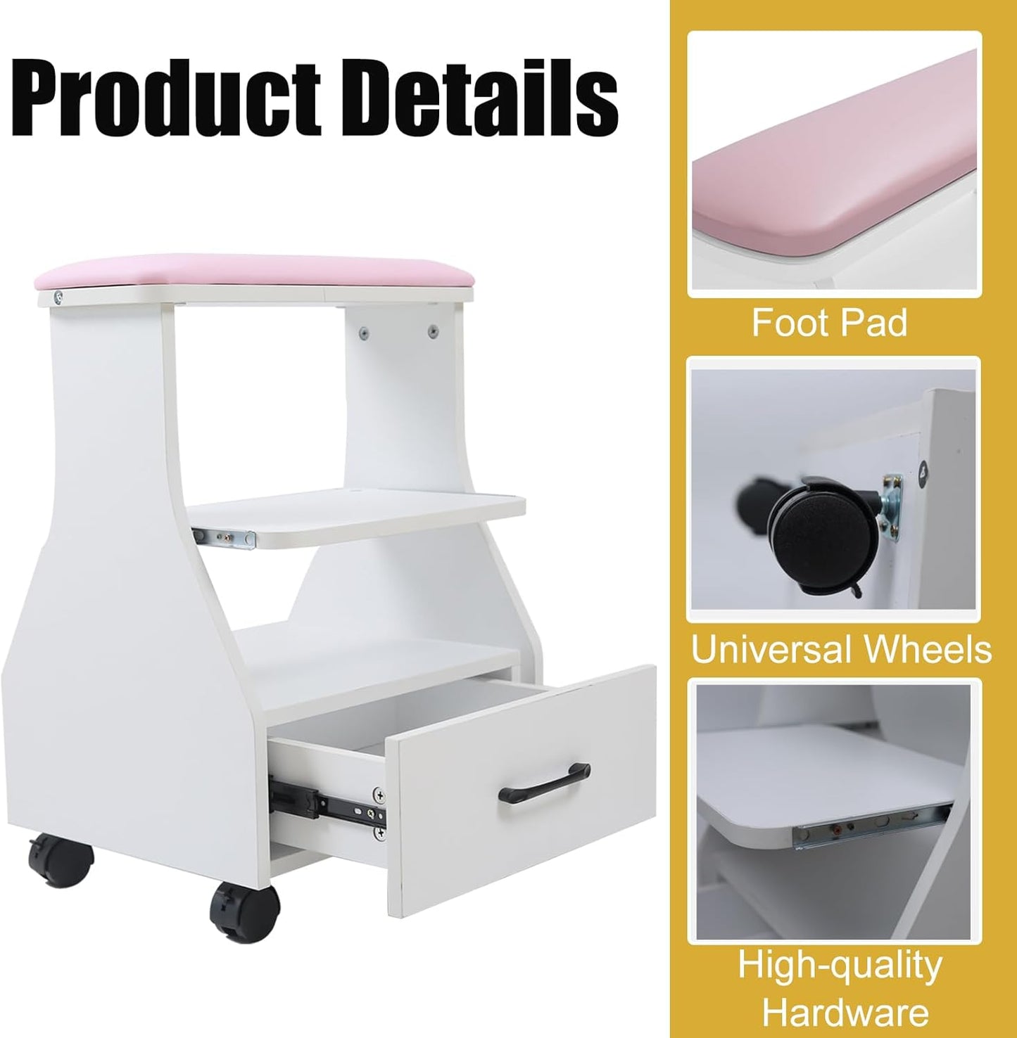 Portable Pedicure Foot Rest - Mobile Spa Stool with Wheels | Pink Trolley for Nail Techs & Beauty Salons