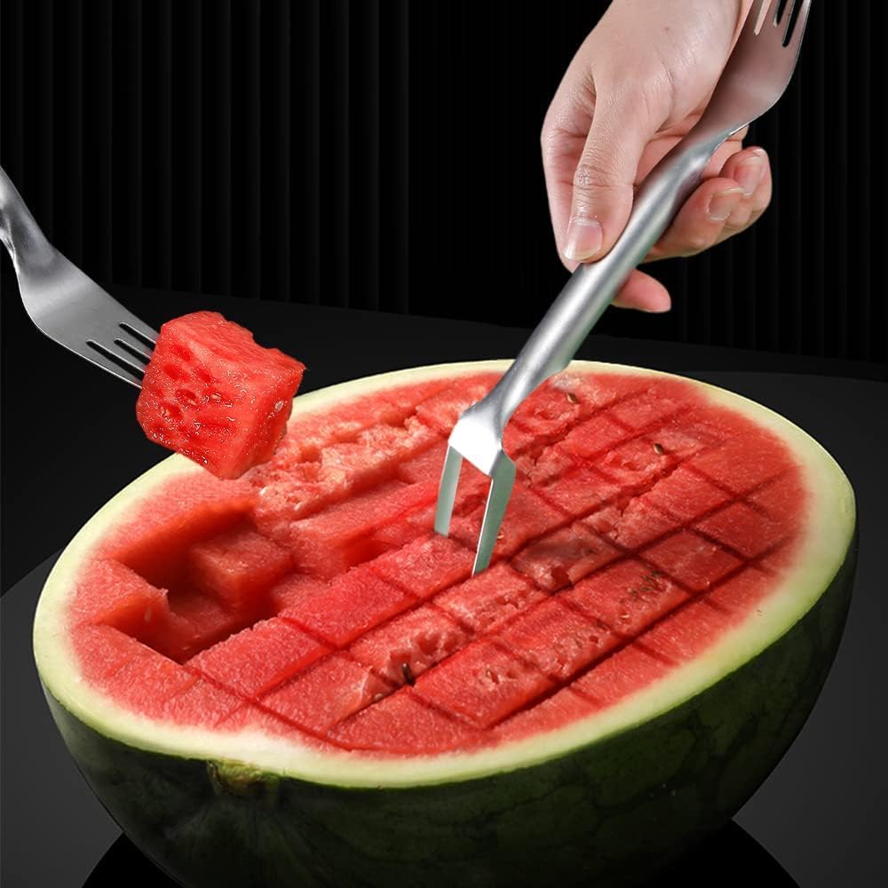 2-in-1 Stainless Steel Fruit Cutter, 2026 New Watermelon Fork Slicer Cutter Slicer Tool, Dual Head Fruit Forks Slicers Knife for Home Parties Camping (2Pcs)