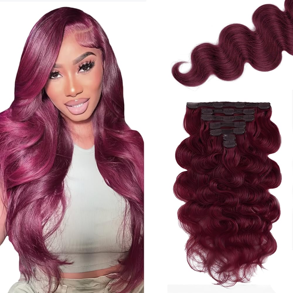 #99J Burgundy Clip in Hair Extensions Real Human Hair,20 Inch 120g/7Pcs,Full Shine Remy Human Hair,Wine Red Body Wave Clip ins Brazilian Virgin Human Hair Extensions