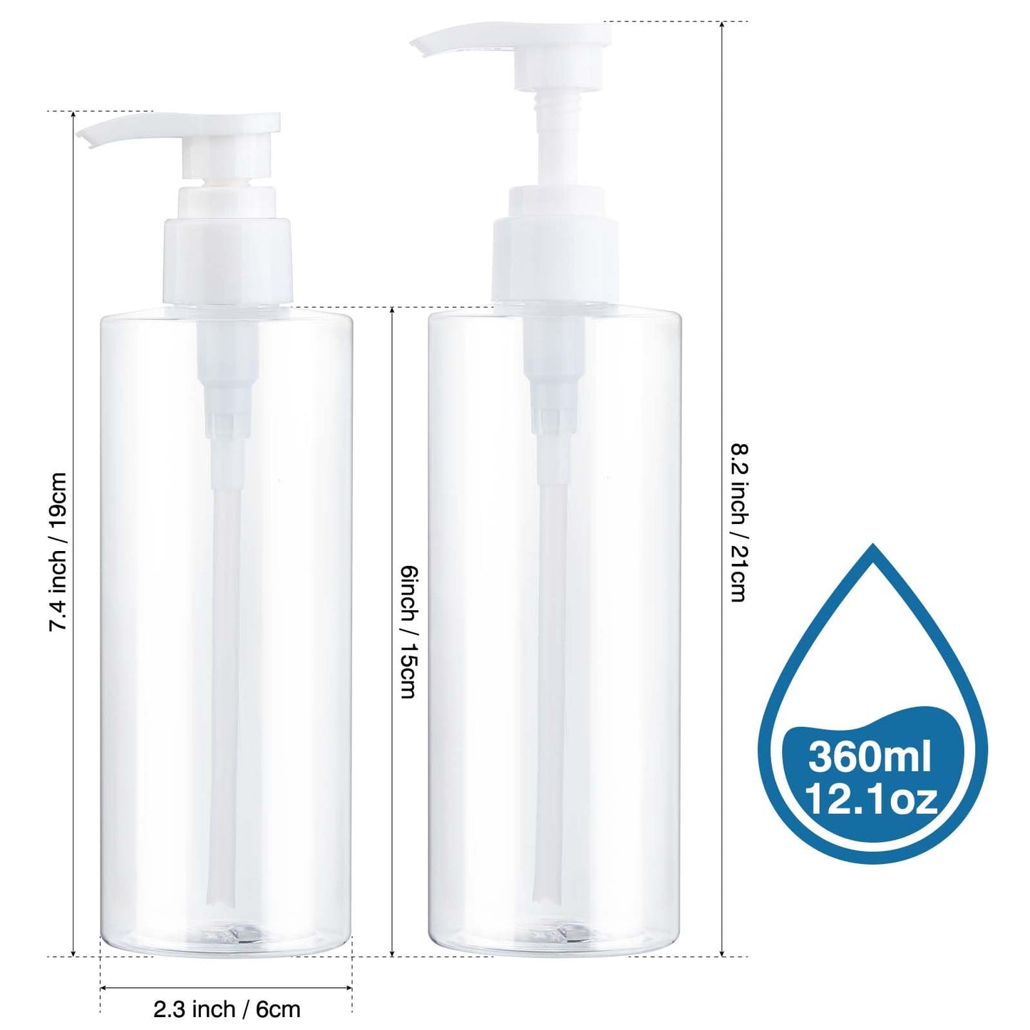 Plastic Pump Bottle Dispenser, BPA-Free Clear Refillable Empty Containers,2 Pack Cylindrical Hand Pump Bottles Dispenser for Shampoo, Lotion, Body Wash, Conditioner, Creams and Toiletries
