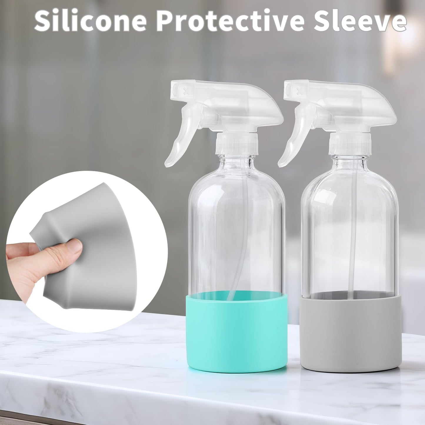 TTTred Glass Spray Bottles (2-Pack) with Silicone Sleeve - 16oz Empty Refillable Bottles - Adjustable Nozzle for Hair, Plants, Cleaning & DIY Solutions - Mint Green & Grey