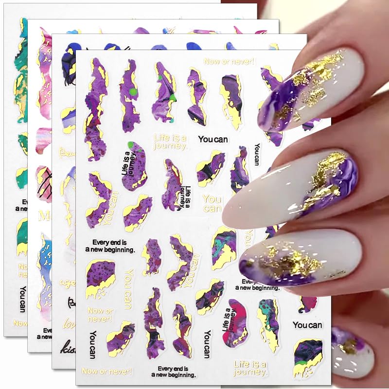Jaliya Gold 3D Marble Nail Stickers - Blooming Watercolor Decals, Self-Adhesive, Water & Smudge Resistant