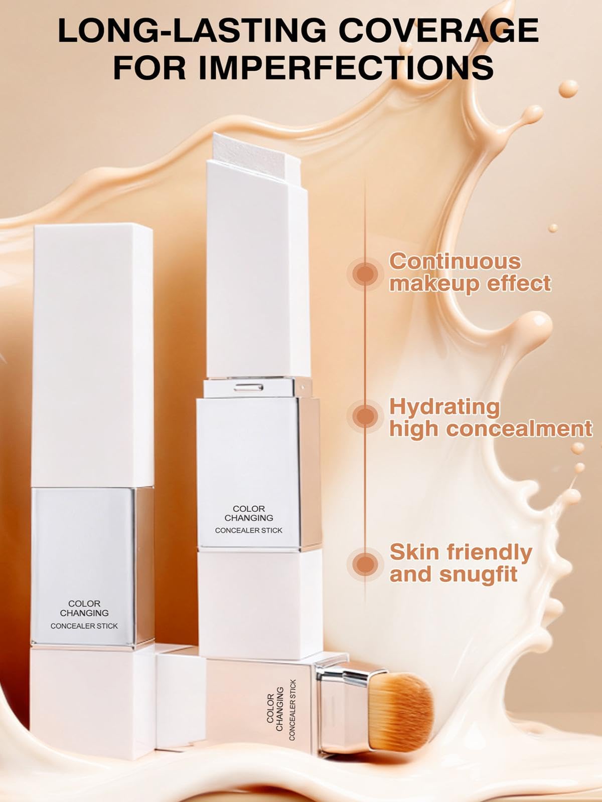 Wismee Color Changing Foundation Stick with Brush, 2 in 1 White Korean Foundation, Moisturizing Long-Lasting Hydration Full Coverage Base Concealer Makeup (Natural)