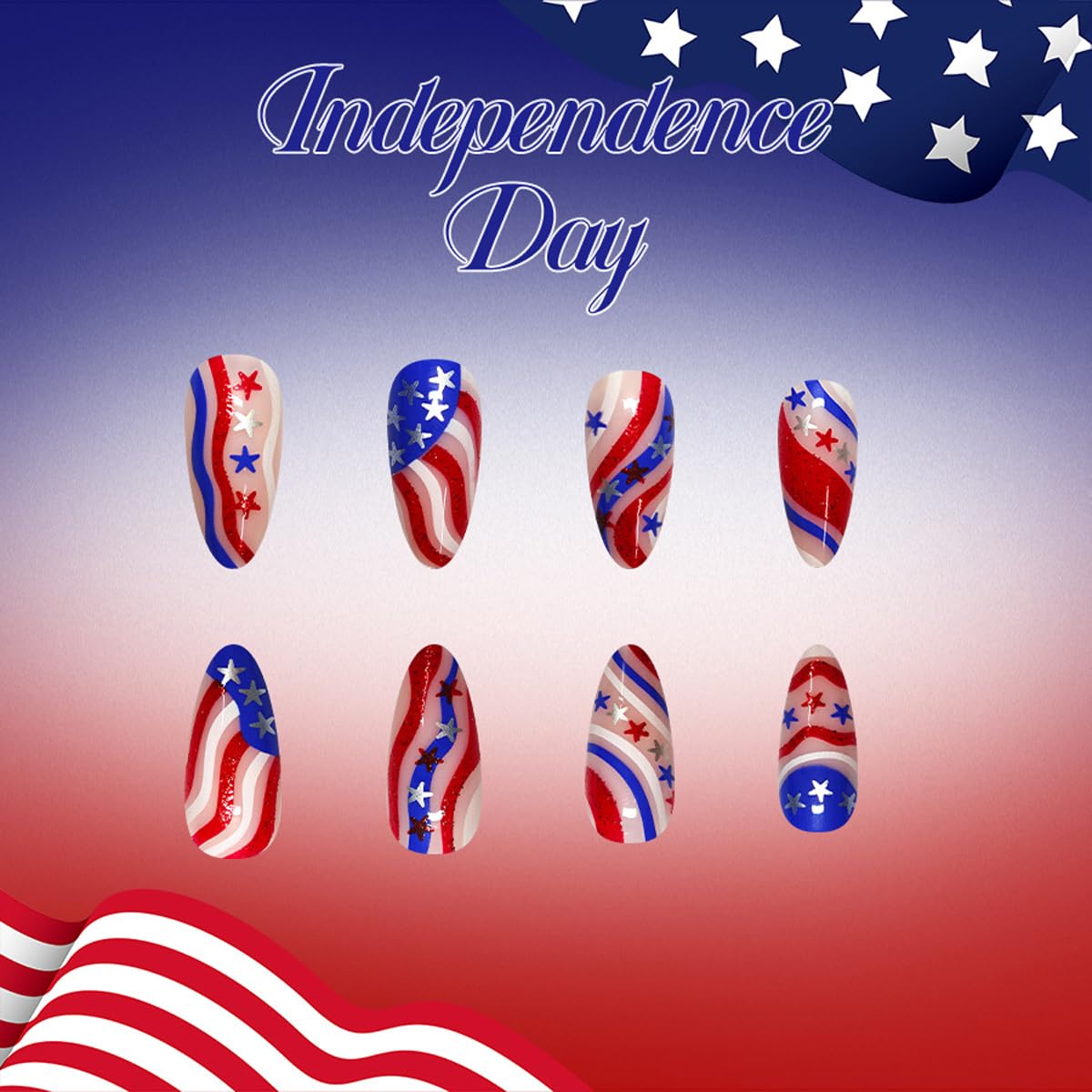 4th of July Press on Nails Medium - Almond Patriotic Fake Nails with Gingham, Star & Flower Designs, Independence Day False Nails for Women 24Pcs