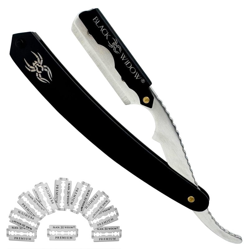 Black Widow Professional Barber Straight Edge Razor – Stainless Steel Shavette, 1.5 mm Blade Exposure, Matte Black & chrome, 10 Double Edge Blades (20 Single-Edge) for Lineups & Beard Shaping