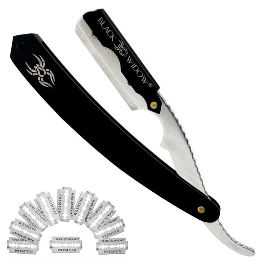 Black Widow Professional Barber Straight Edge Razor – Stainless Steel Shavette, 1.5 mm Blade Exposure, Matte Black & chrome, 10 Double Edge Blades (20 Single-Edge) for Lineups & Beard Shaping