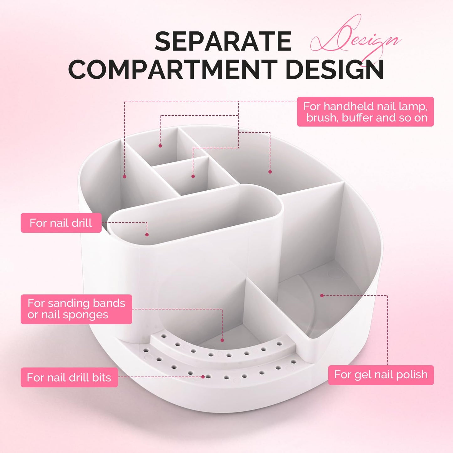 MelodySusie Nail Drill Holder and Nail Art Tools Storage Box, Large Capacity Sturdy Desk Organizer for 3/32" Nail Drill Bits, Nail Tech Supplies Container for Acrylic Salon & Home, White