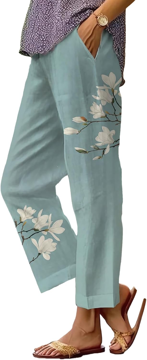 Women's Boho Floral Wide Leg Capris - Elastic Waist, Loose Fit Beach Pants | Casual Summer Trousers