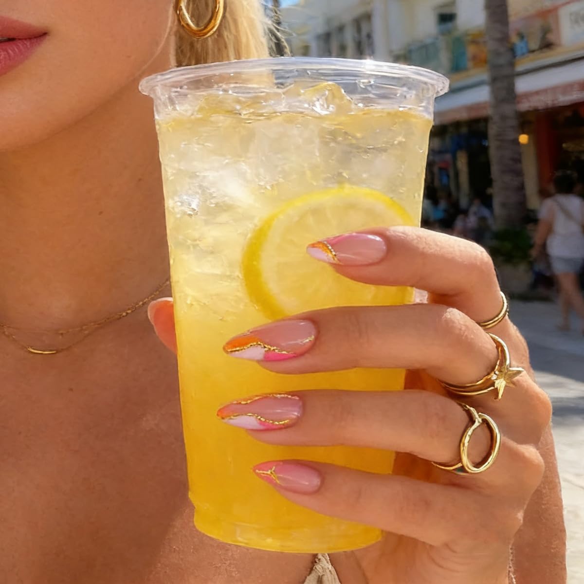 Press On Nails - Orange Almond Shape with Gold Glitter Swirl | 24 Pcs Acrylic Fake Nails for Women