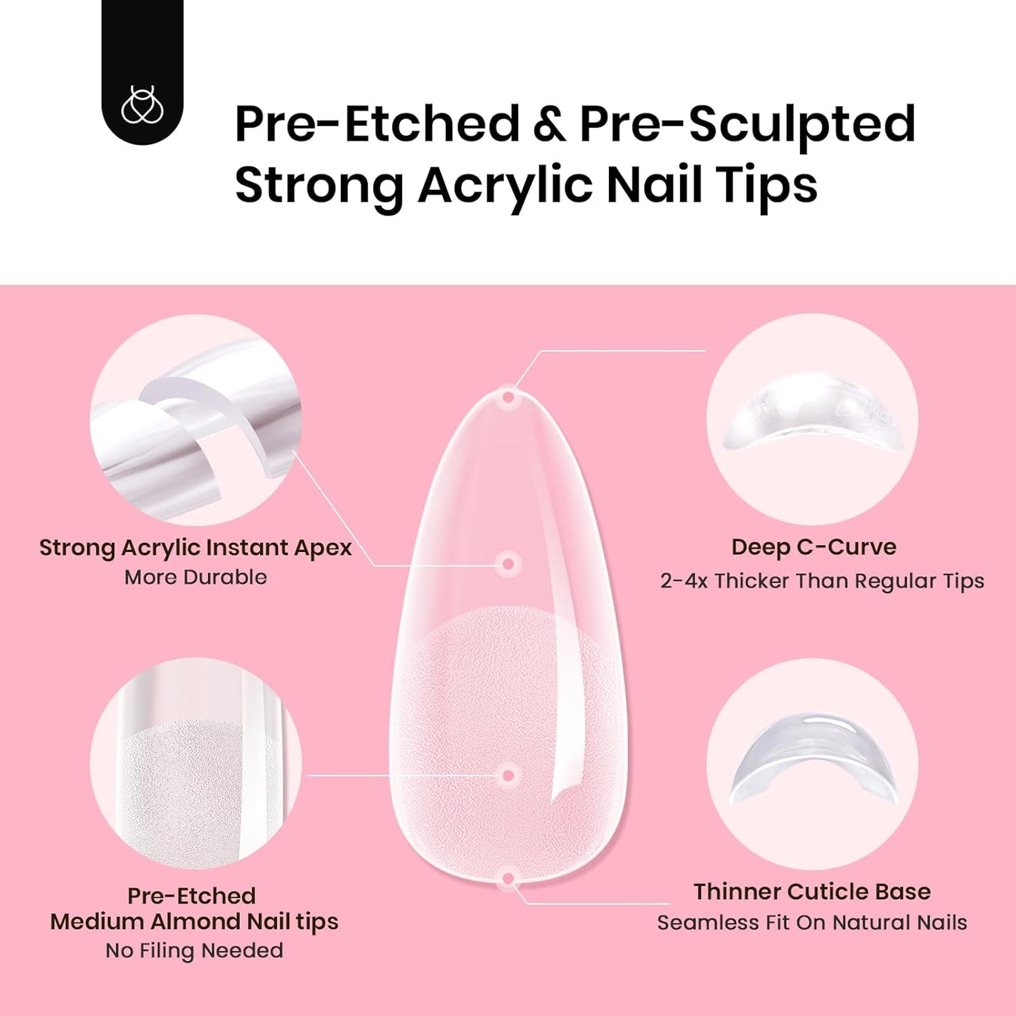 Beetles Instant Apex Nail Tips - Medium Almond, 16 Sizes (00–14), 512pcs | Thicker Acrylic for DIY Extensions