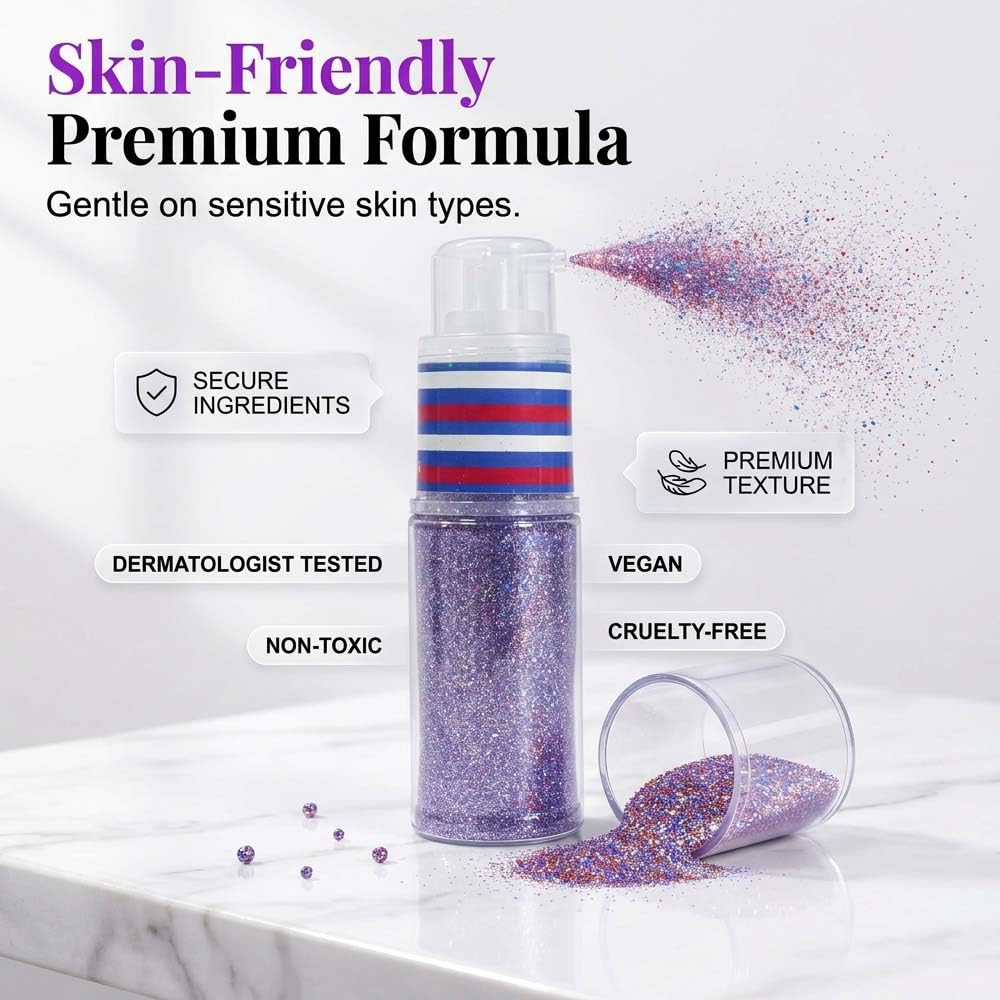 Red White Blue Glitter Spray for Hair and Body, Patriotic Shimmer Spray for 4th of July Independence Day Festivals and Parades, Sparkle for Women Party Looks (2pcs USA Flag Color+Silver-Rainbow)