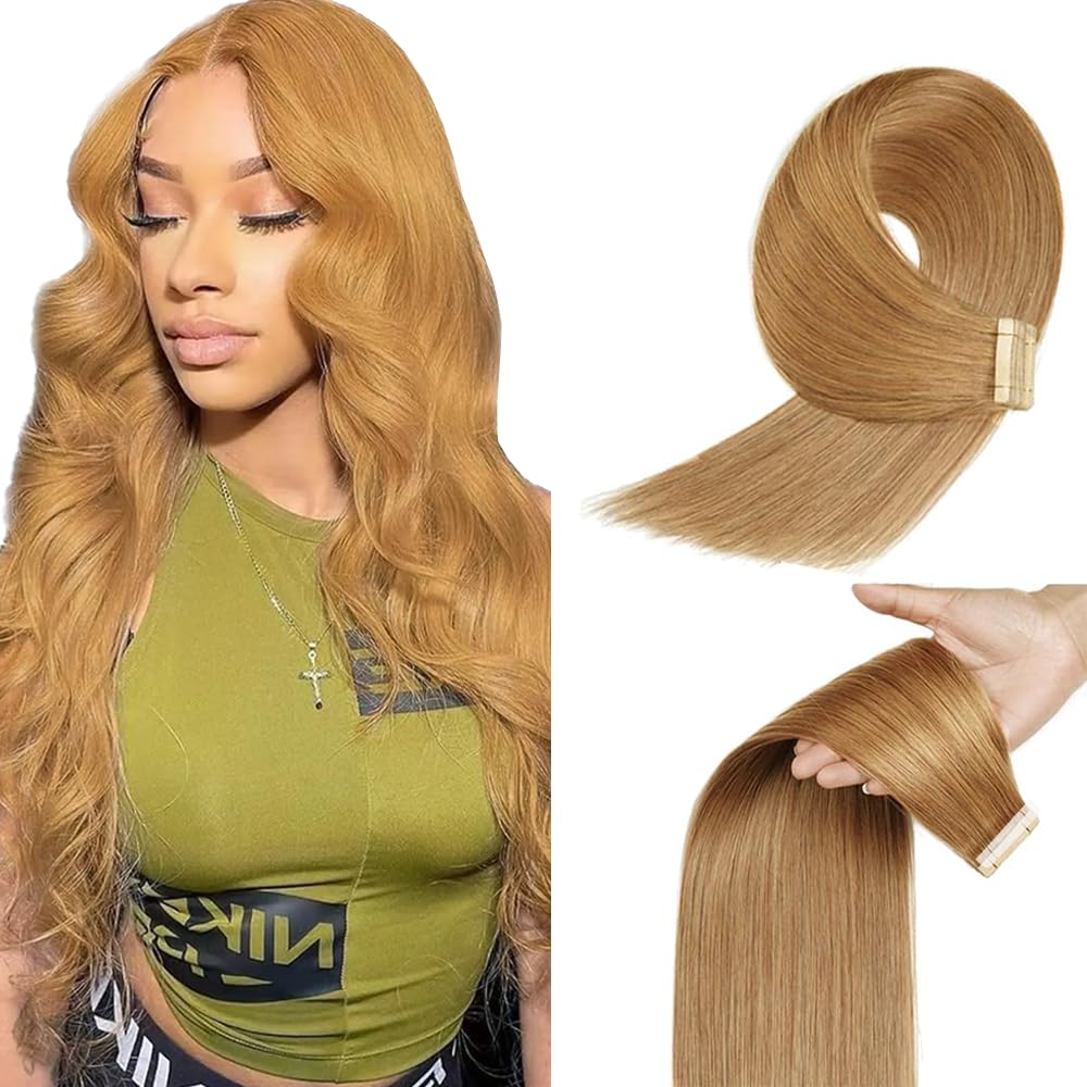 24 Inch #27 Blonde Tape in Extensions Human Hair Honey Blonde Straight Tape ins Hair Extensions Real Hair Skin Weft Seamless Invisible Remy Hair 40g 10Pcs.