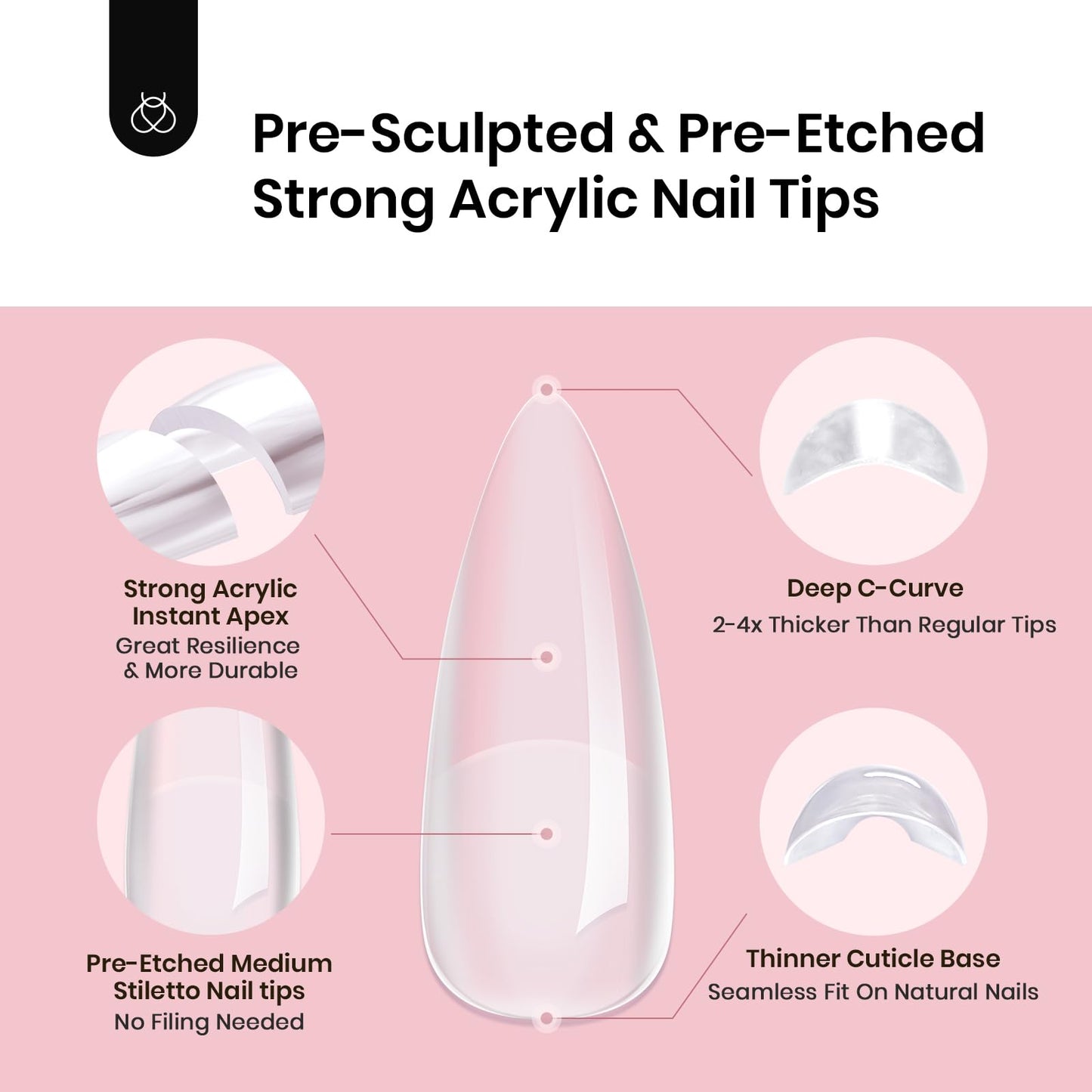 Beetles Tipex Instant Apex Nail Tips, Medium Stiletto, 16 Sizes 00–14, 192pcs, No Builder Gel Required, Thicker Strong Acrylic Tips for DIY Salon-look Extensions