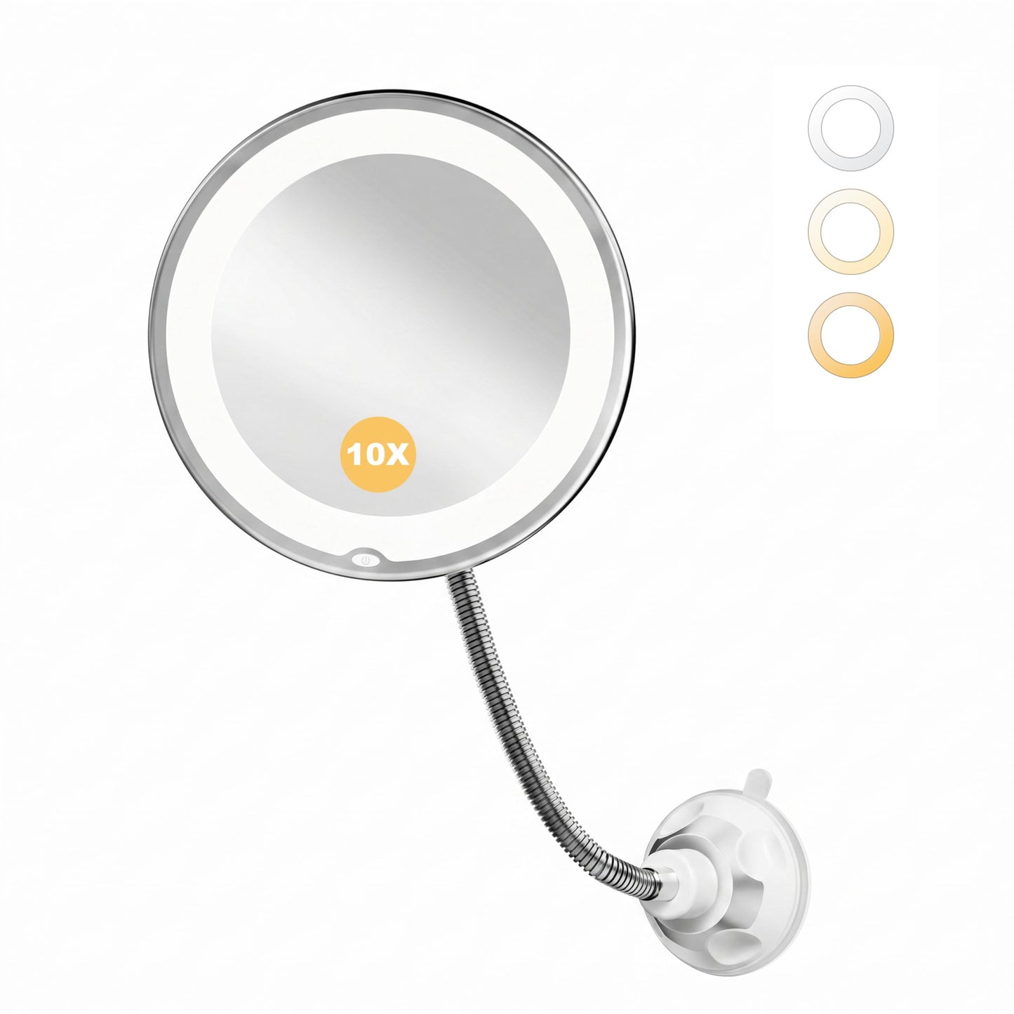 Brightown 10x Makeup Mirror with Lights and Magnification,Flexible Gooseneck Magnifying Mirror with 3 Lighting and Adjustable Brightness,Battery Operated with Suction Cup for Bathroom Bedroom, White