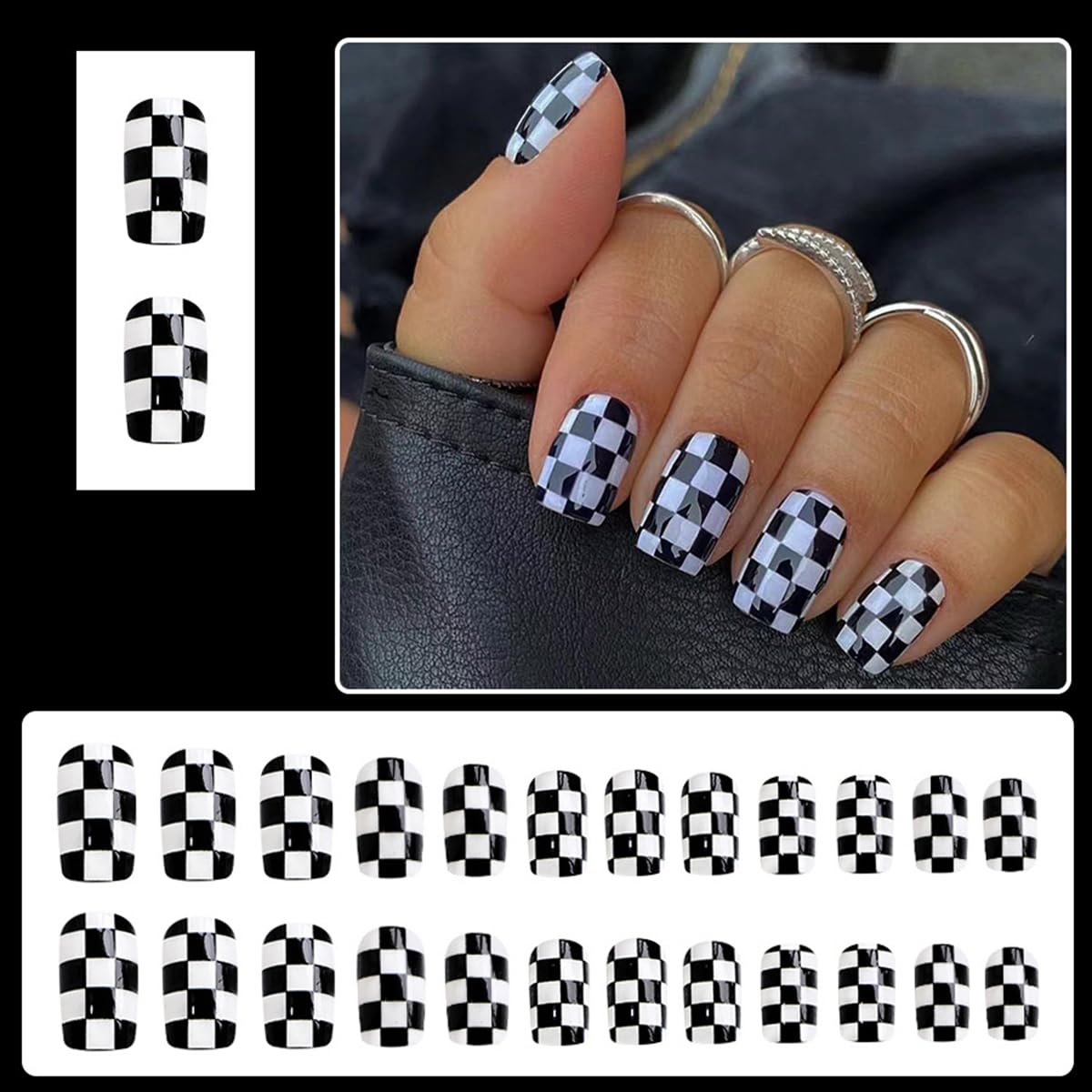 Short Press On Nails | Black White Plaid Acrylic Nail Tips - 24 Pcs Full Cover Glossy Design for Women