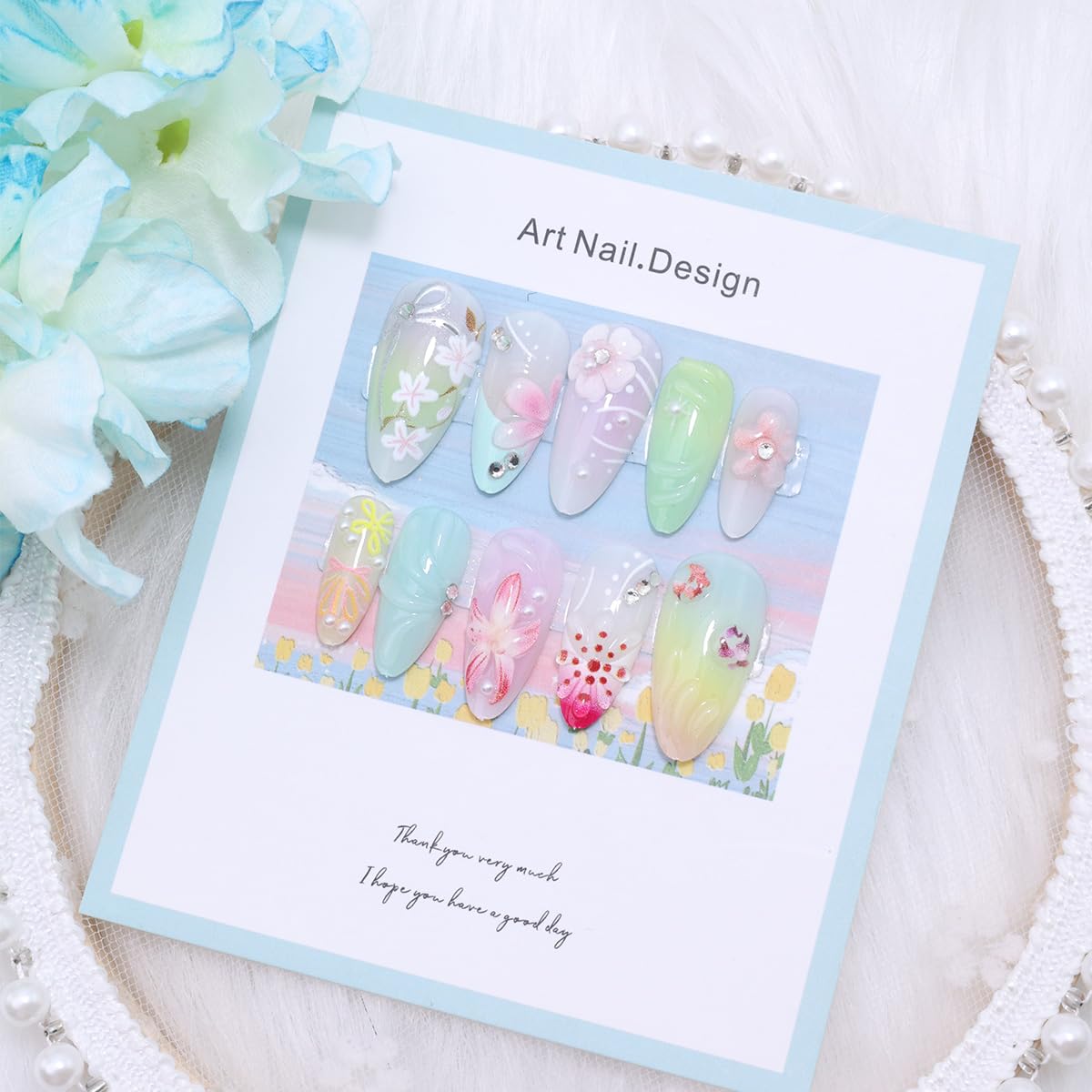 Colorful Summer Press-On Nails - Medium Almond Peach Blossom Design with Bow & Rhinestones | 24 Pcs Full Cover Acrylic Manicure