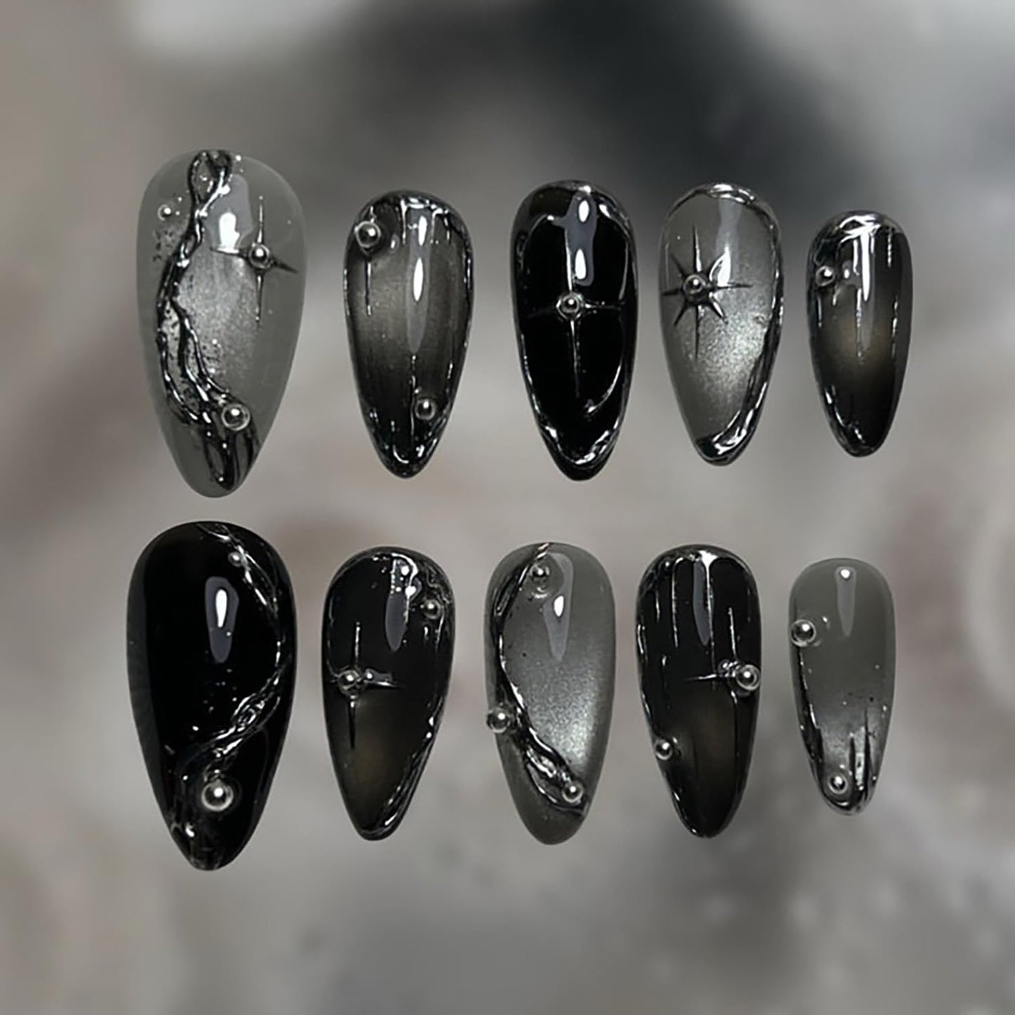 Goth Press-On Nails | 24 Pcs Medium Almond Silver Chrome Baroque Design | Reusable Black Full Cover