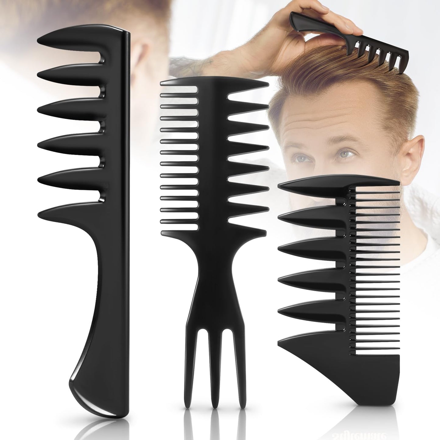 3Pcs Hair Styling Combs Set for Men - Black Wide Tooth Texture Comb for Quiff, Pompadour, Slick Back | Perfect for Barbers