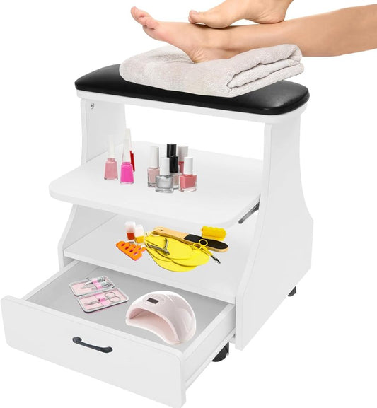 Portable Pedicure Foot Rest - Rolling Spa Trolley for Nail Tech | Black Manicure Stool with Wheels