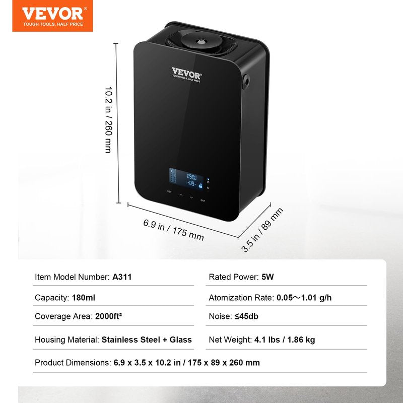 VEVOR Upgrade HVAC Scent Diffuser, Smart Scent Air Machine for Home, 180ML with Cold Air Technology, Waterless Essential Oil Diffuser, Cover Up to 2000 Sq.Ft for Living Room, Office, Spa, Hotel