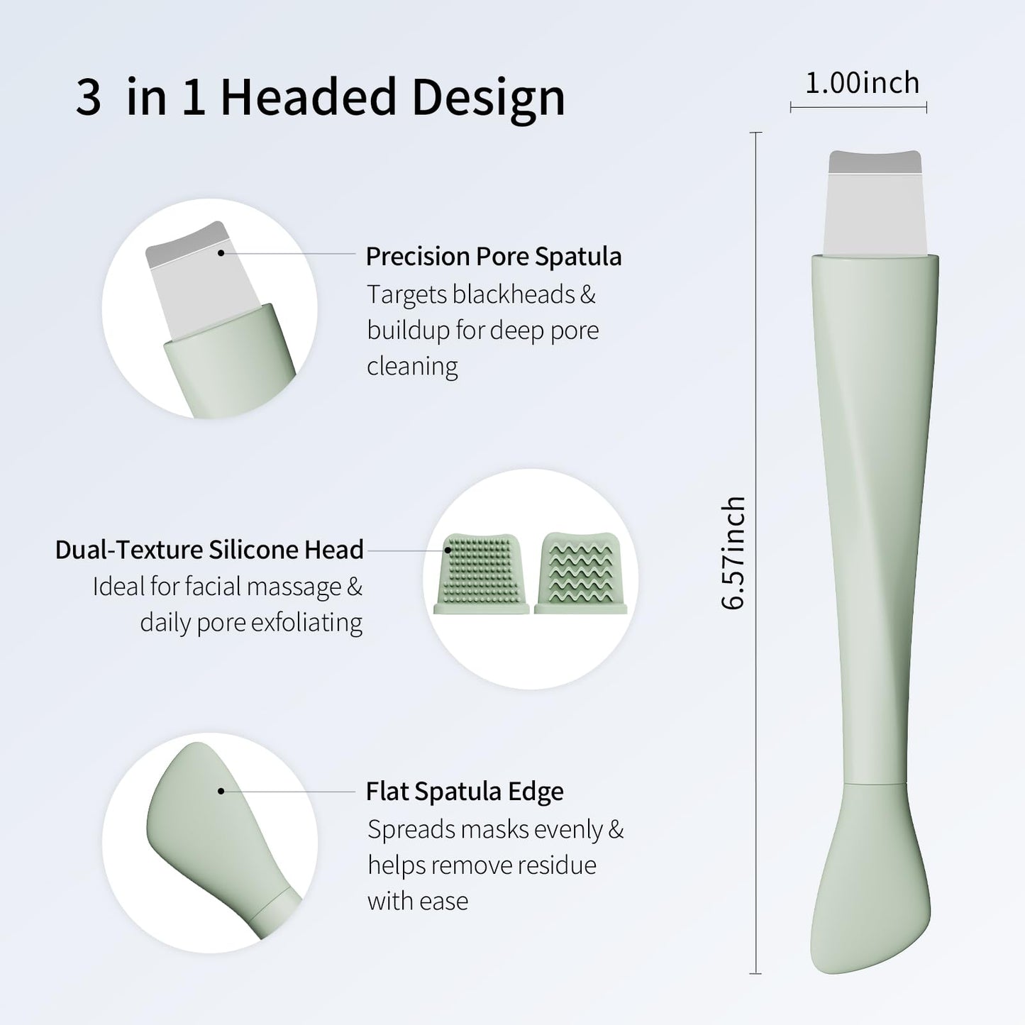 Vangines Blackhead Remover Tool, Stainless Steel Face Scraper, Skin Scrubber Face Spatula for Deep Cleansing, 3-in-1 Skin Care Tool with Blackhead Scraper, Mask Applicator & 2 Silicone Heads (Green)