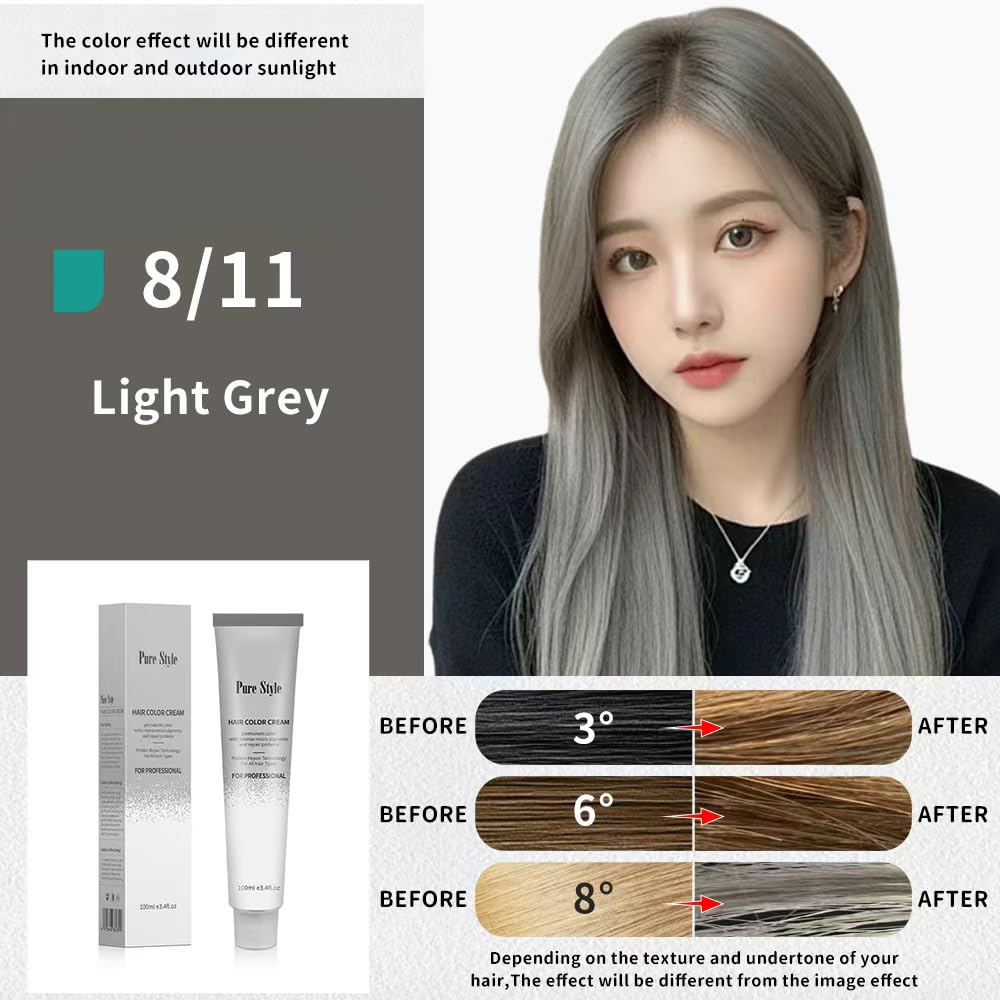 YSNSTYLE-PureStyle 3.4 fl oz(100ml) Hair Color Cream, Ammonia-Low Permanent Hair Dye with Nourishing, Light Grey Long-Lasting Fade-Resistant Color, At-Home Salon Quality Hair Coloring