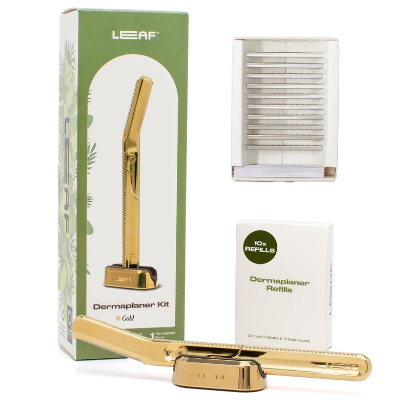 Leaf Shave | Leaf Dermaplaner Kit, All-Metal Reusable Dermaplane Razor and Exfoliating Tool for Women, Includes Matching Stand and 10-Pack of Refills - Gold