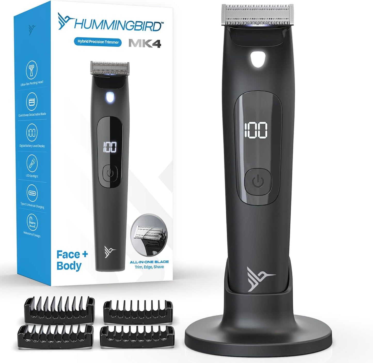 HUMMINGBIRD MK4 Electric Trimmer for Men – Precision Face & Body Hair Trimmer Kit, Waterproof Shaver for Hard to Reach Areas, USB-C Rechargeable, LED Display & Storage Base