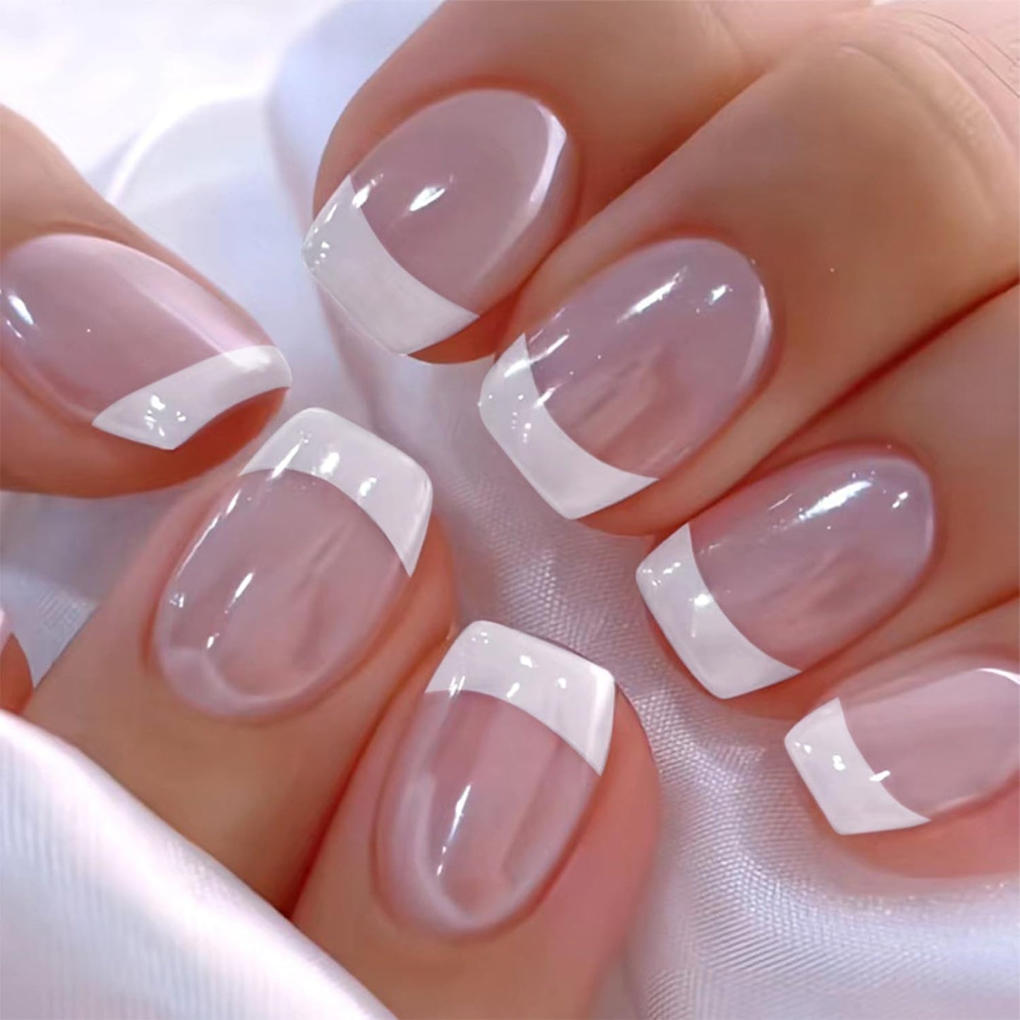 French Tip Press-On Nails - Short Square Acrylic Full Cover | 24pcs Reusable Nude Design for Women