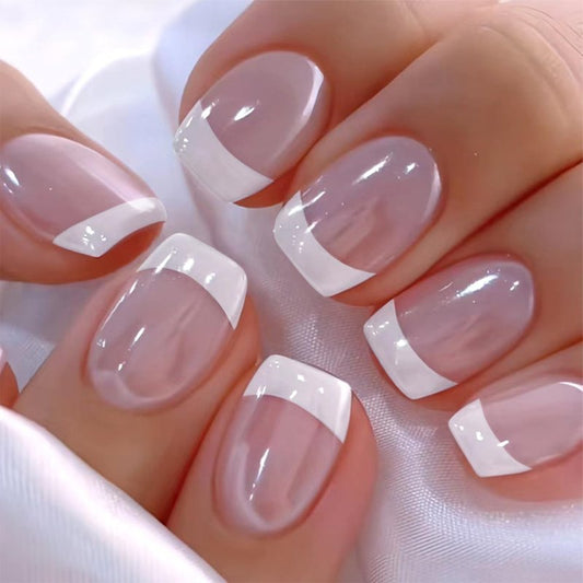 French Tip Press-On Nails - Short Square Acrylic Full Cover | 24pcs Reusable Nude Design for Women
