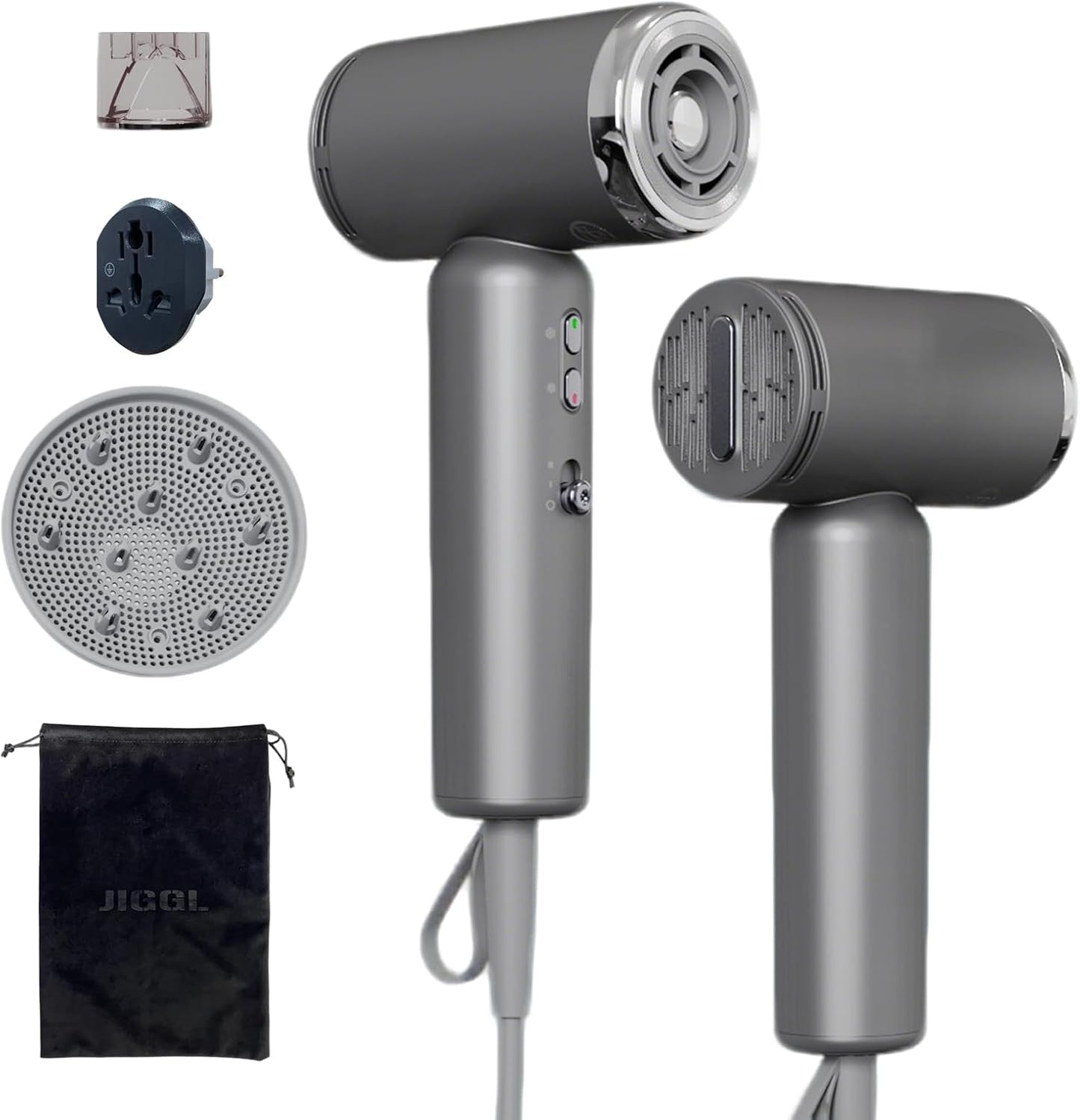 JIGGL Dual-Voltage Mini Travel Hair Dryer - Ionic Blow Dryer with Magnetic Diffuser & European Plug Adapter | Compact & Lightweight for Curly Hair - Gray