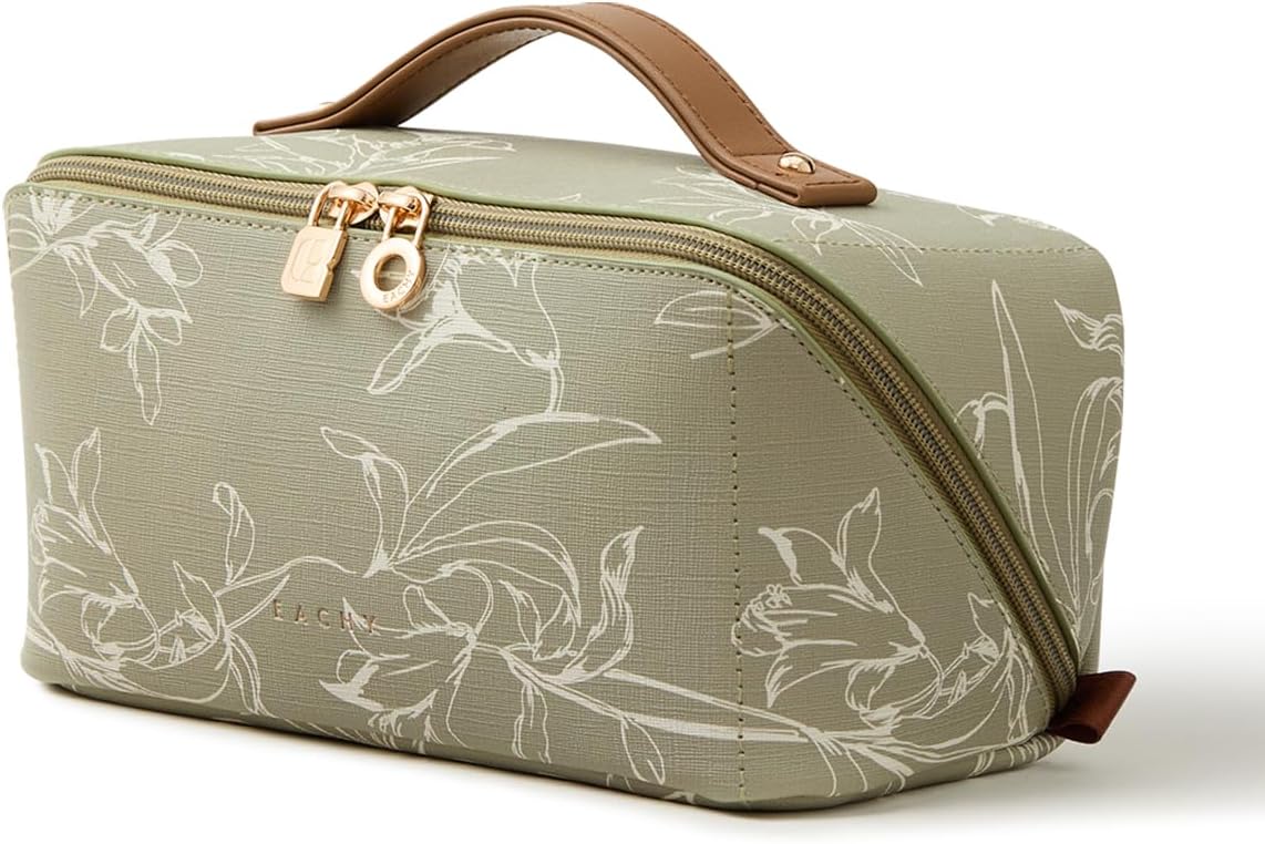 Travel Makeup Bag - Large Capacity Waterproof Cosmetic Pouch | Open Flat Design (F-Beige)