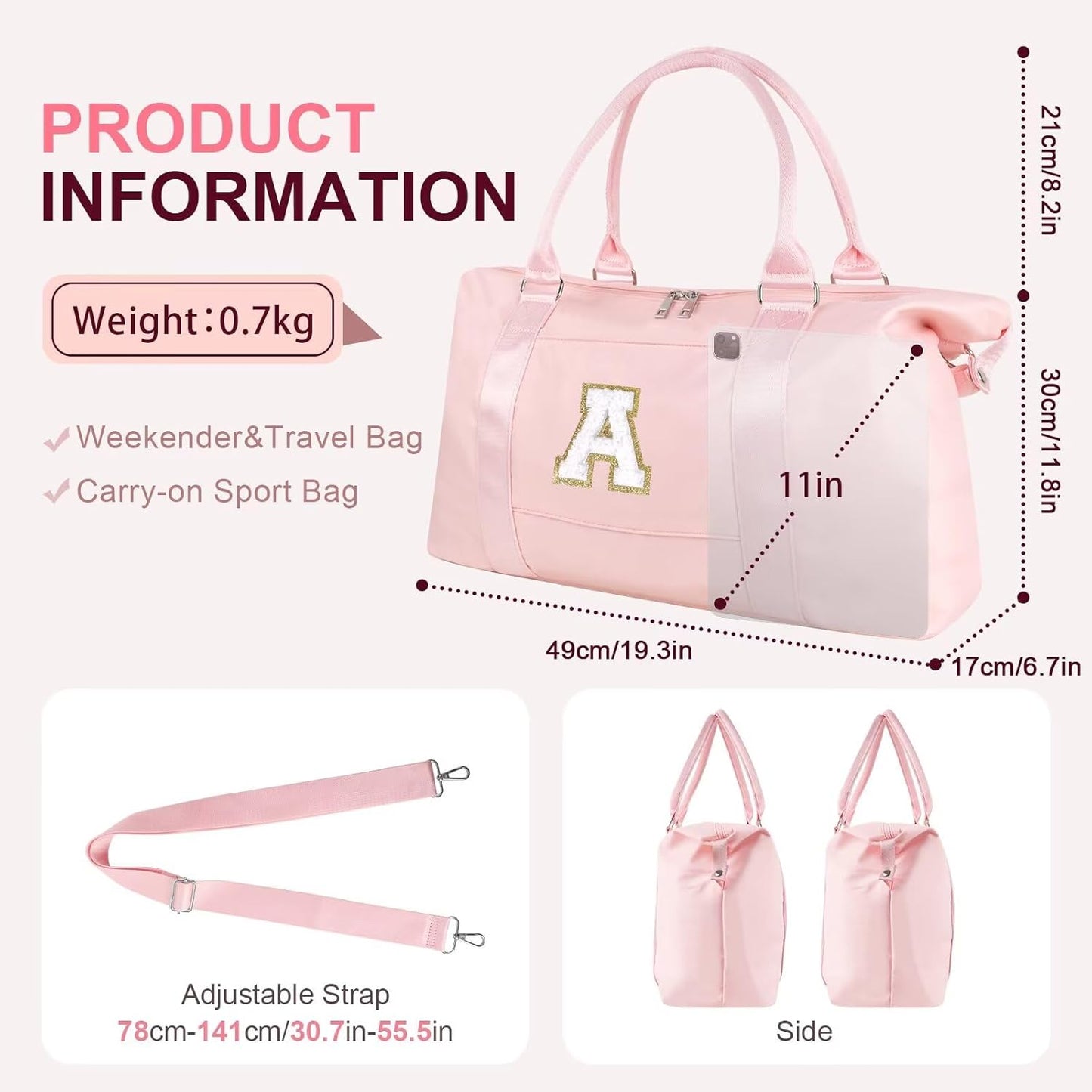 Dance Gym Duffel Bag - Personalized Initial Weekender for Teen Girls | Pink Overnight Carry-On & Cheer Bag