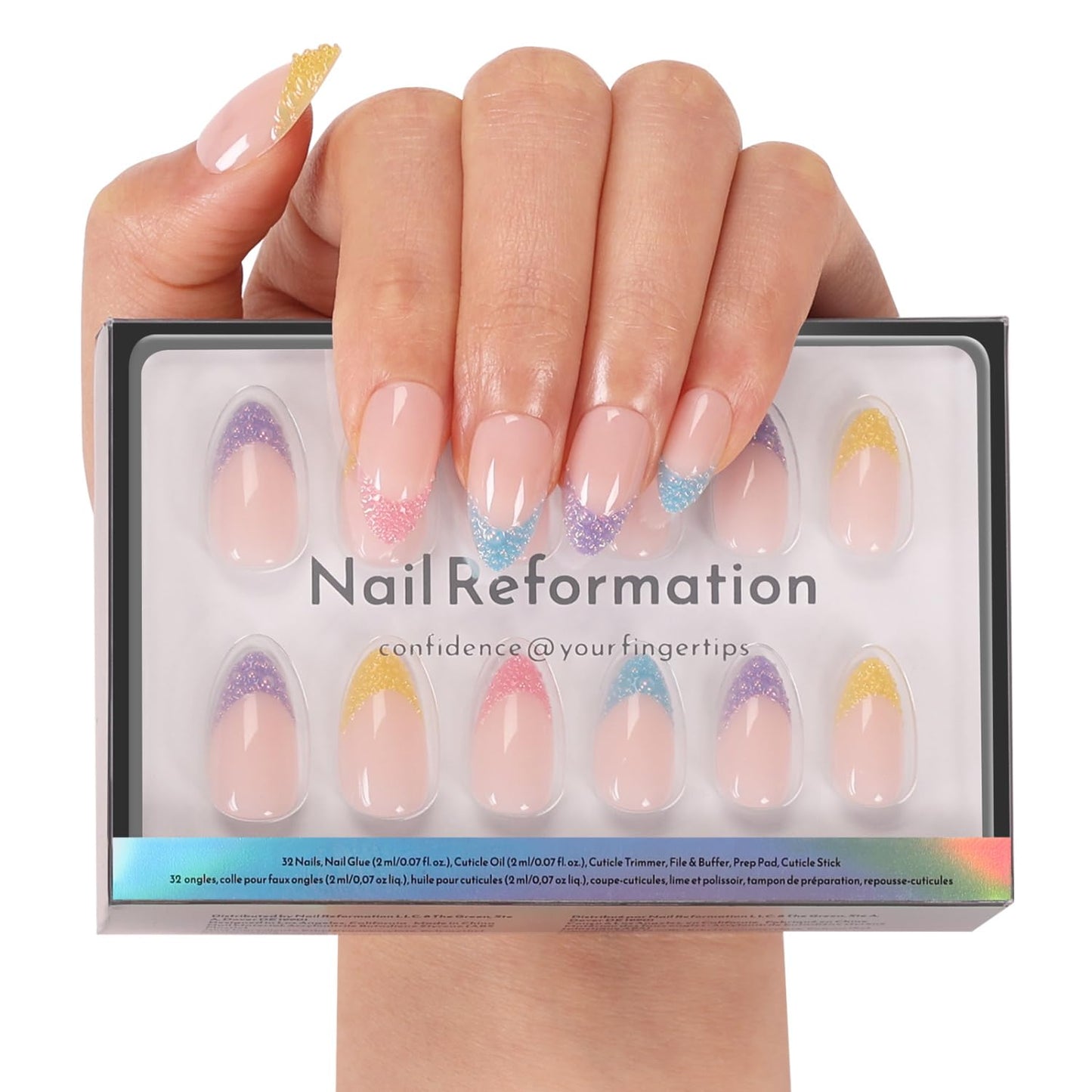 Press On Nails - Tropic Tide Sunset Orange to Deep Purple | Medium Almond Shape with 3D Floral Accents - Reusable 30-Piece Set in 15 Sizes