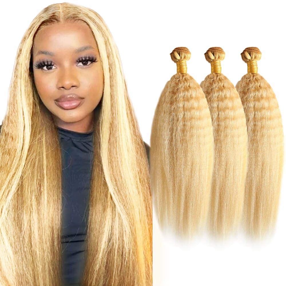 P27/613 Blonde Bundles Human Hair Yaki Straight Bundles 26 28 30 Inch Highlight Blonde Unprocessed Brazilian Virgin Hair Deals Quick Weave Hair Extensions 3 Bundle 50 Gram Per Bundle For Woman