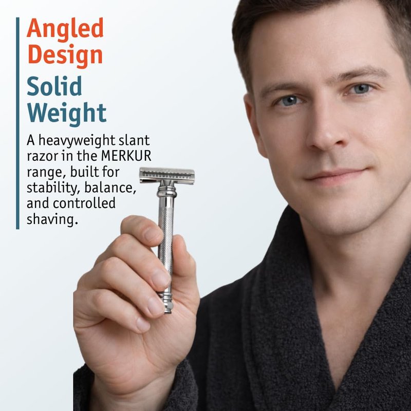 MERKUR 39C Double Edge Safety Razor, Slant Bar Design- Long Handle, Made in Germany, Plastic-Free, Two Piece Design