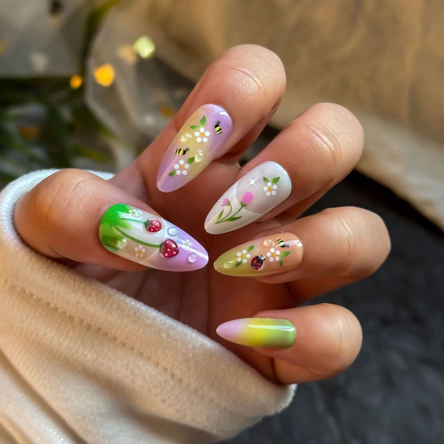 Medium Almond Press-On Nails - 24Pcs 3D Strawberry Flower Acrylic Set | Reusable French Tip Ladybug Design